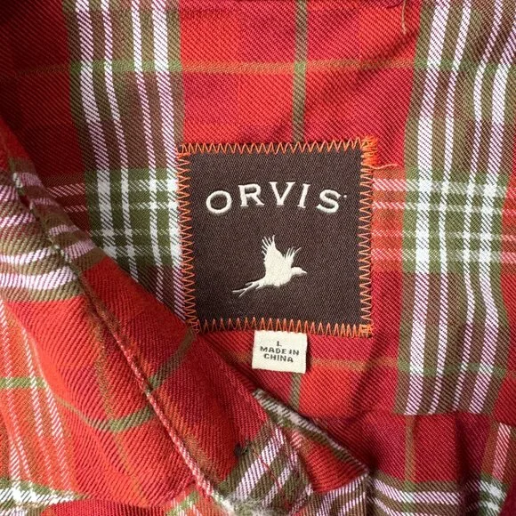 Orvis Heavyweight Orange Green Plaid Field Flannel Button Down Shirt Large - Picture 3 of 10